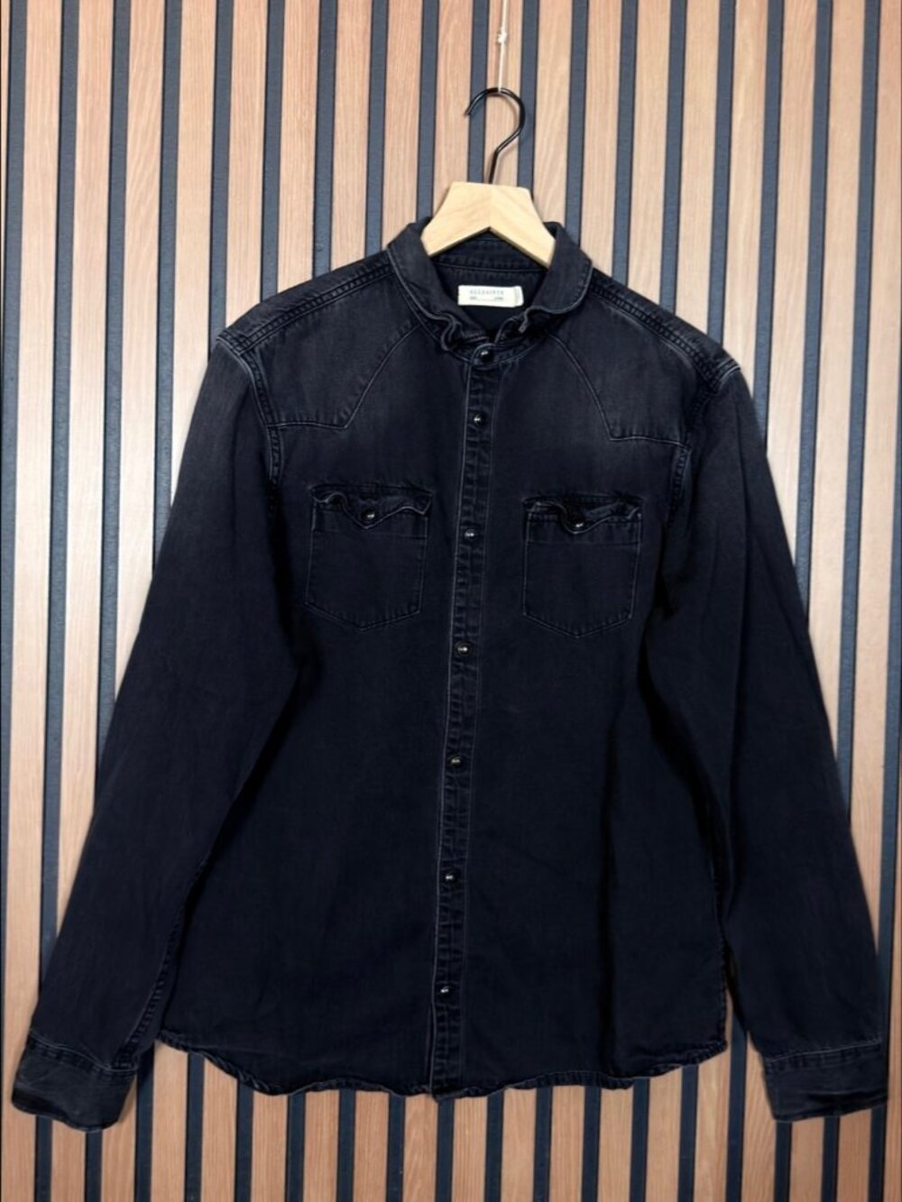 AllSaints Denim Shirt Large Mens Black Brunt Long Sleeve Collared Button Up